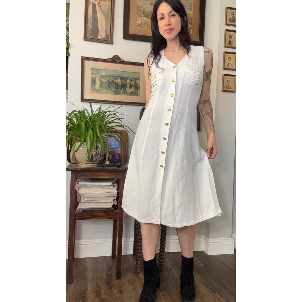 Vintage 90s White Linen Blend gold button down Nautical Midi Dress Lace Up Back